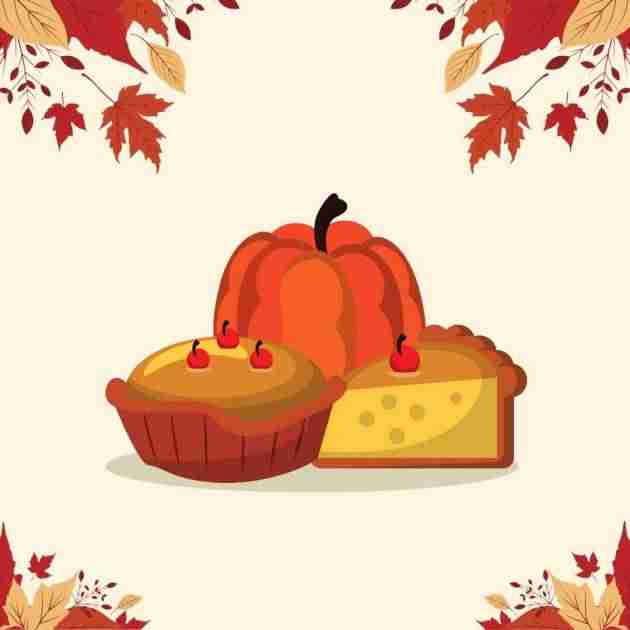 cartoon pumpkin and dessert surrounded by fall leaves