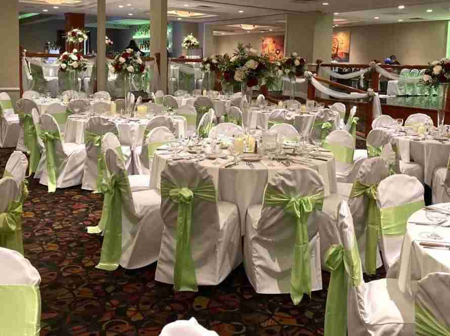 Terrace Room Chair Covers with sage sashes for baby Shower