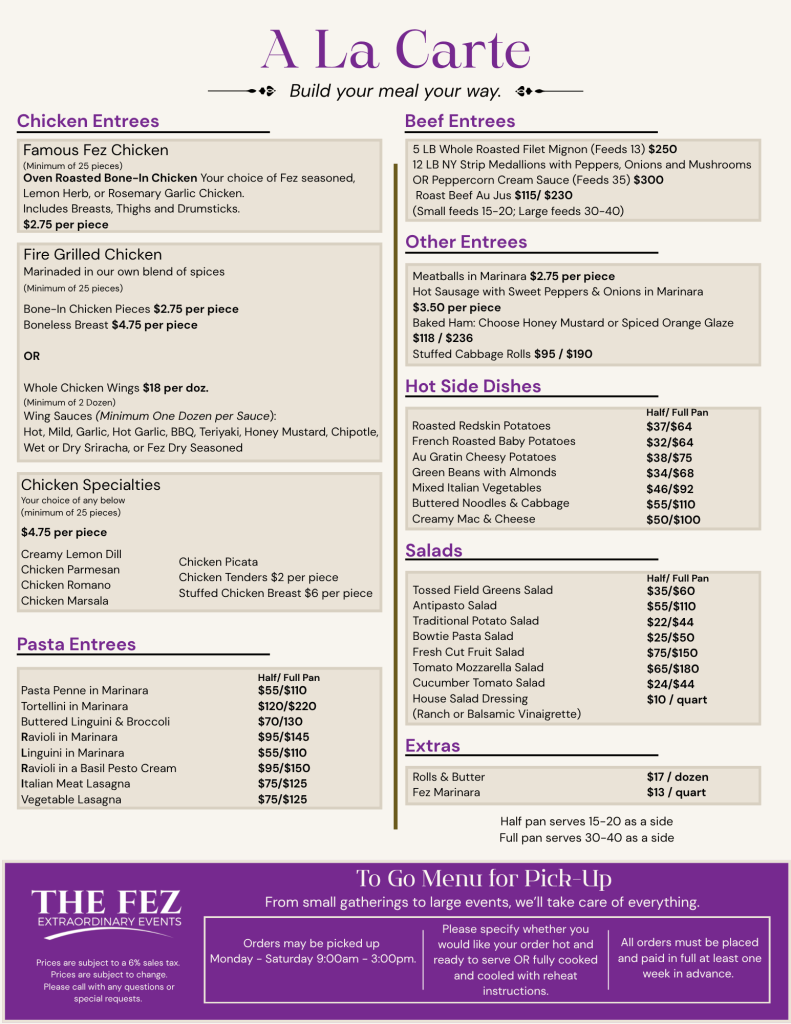 The Fez Party To-Go A-La-Carte Menu