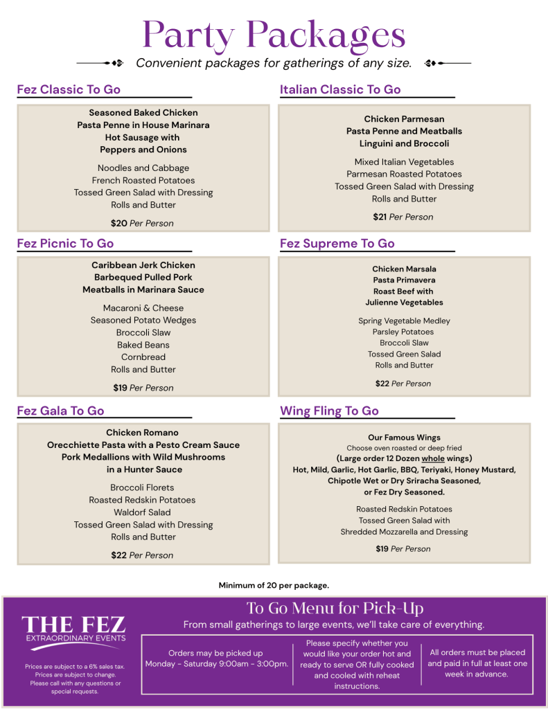 The Fez Party Packages Menu