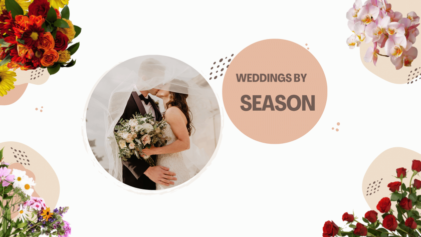 bride and groom surrounded by wedding bouquets for each season