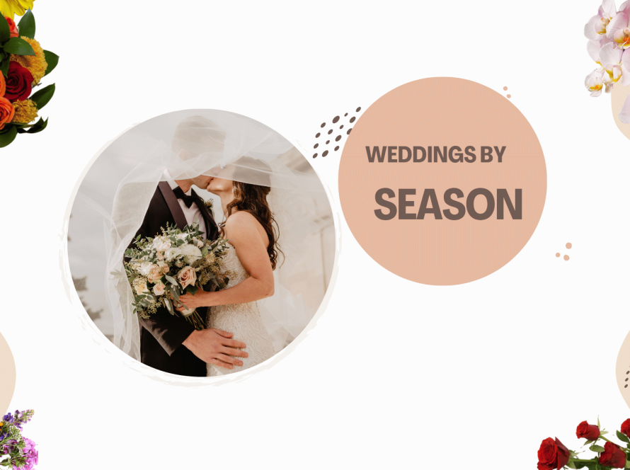 bride and groom surrounded by wedding bouquets for each season