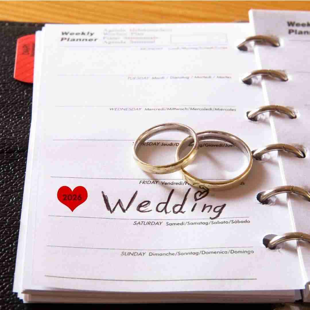2026-wedding-date calendar with wedding rings that has 2026 wedding date marked