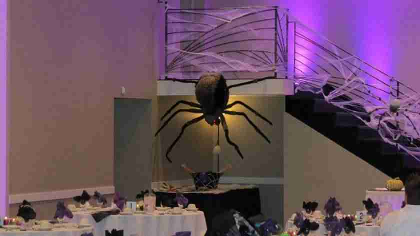 Halloween Party Decor with spiders in the Balconade Room
