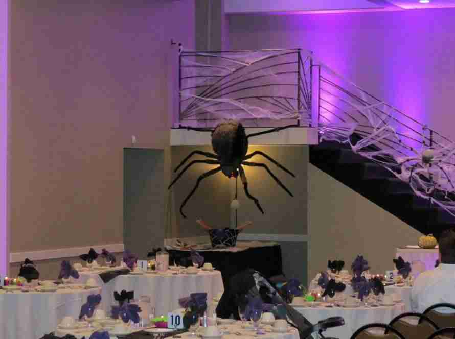 Halloween Party Decor with spiders in the Balconade Room