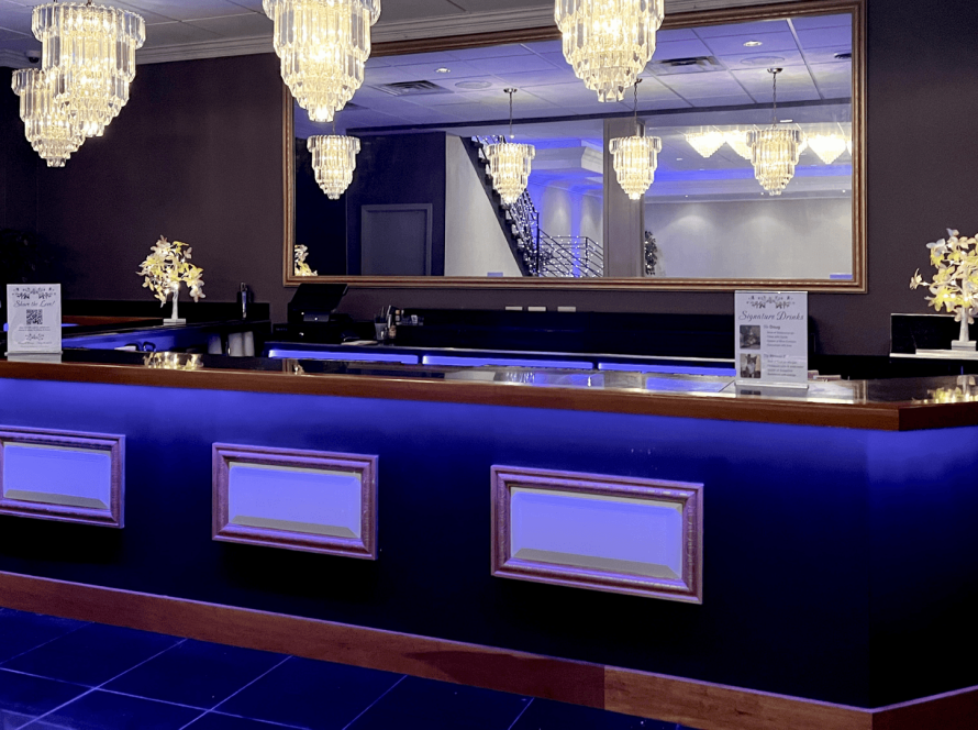 Grand Ballroom Bar Setup with Chandeliers