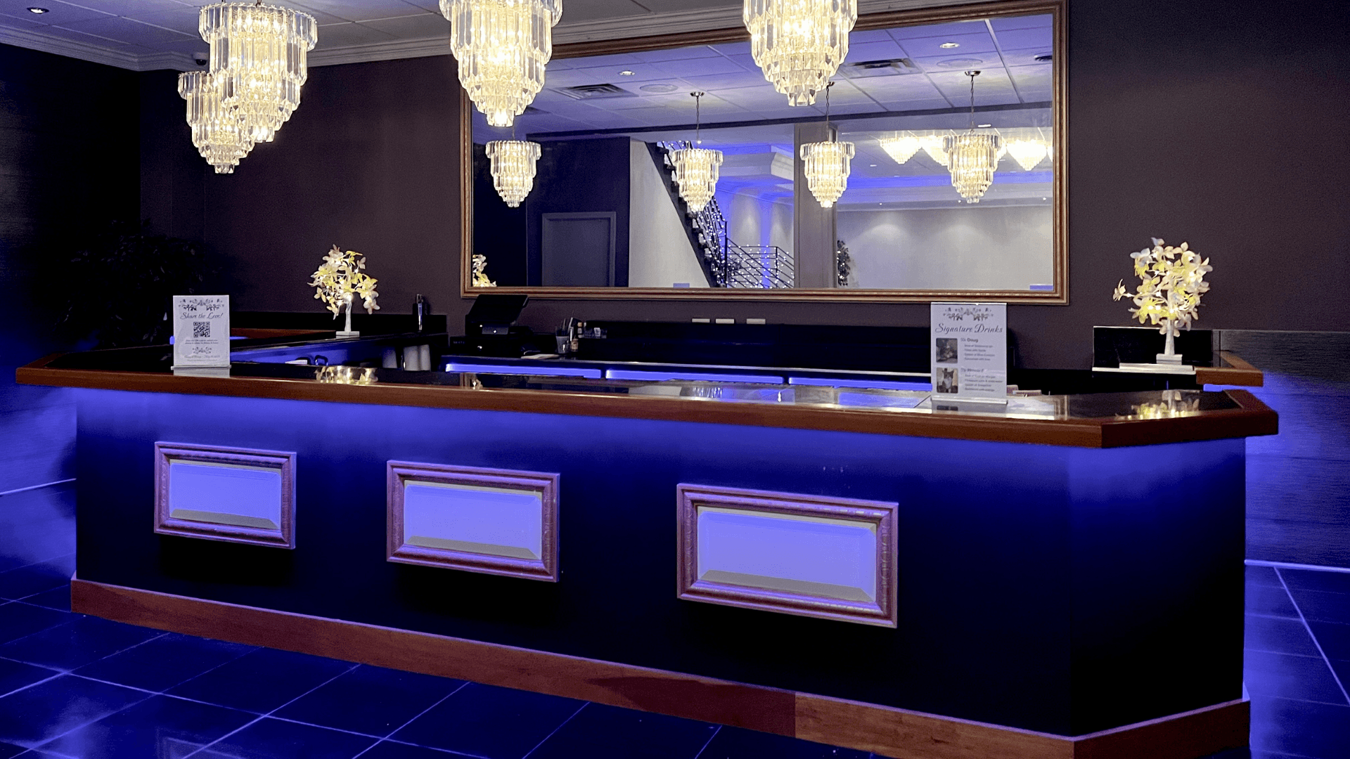 Grand Ballroom Bar Setup with Chandeliers
