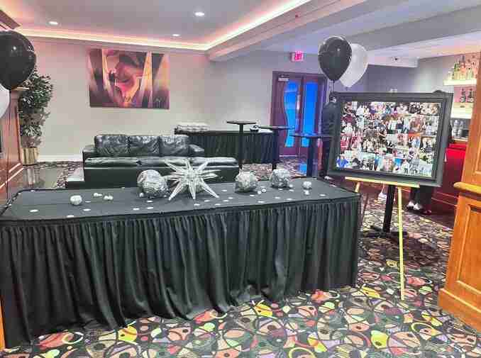 Terrace Room surprise party venue table decor and memory board