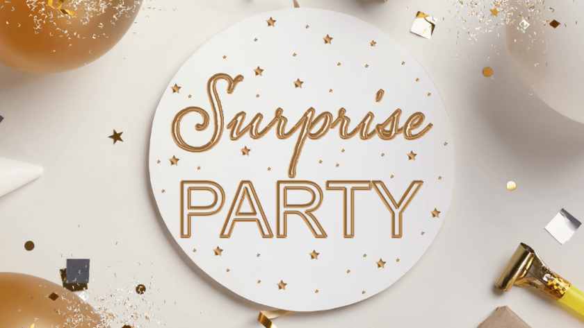 surprise party gold confetti and party favors