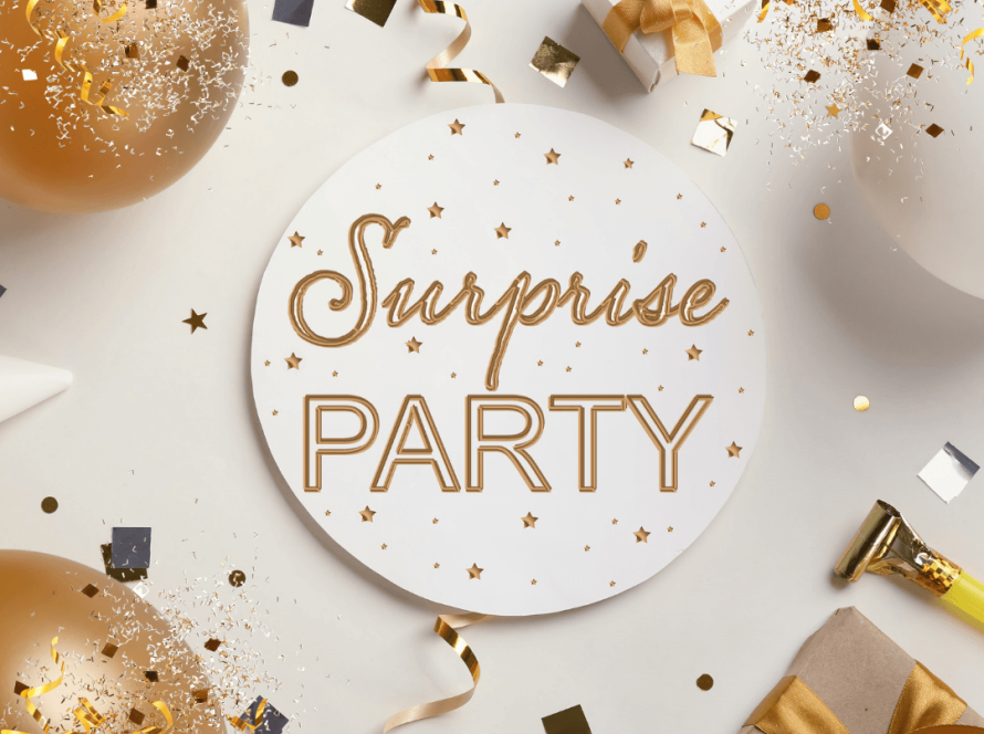 surprise party gold confetti and party favors